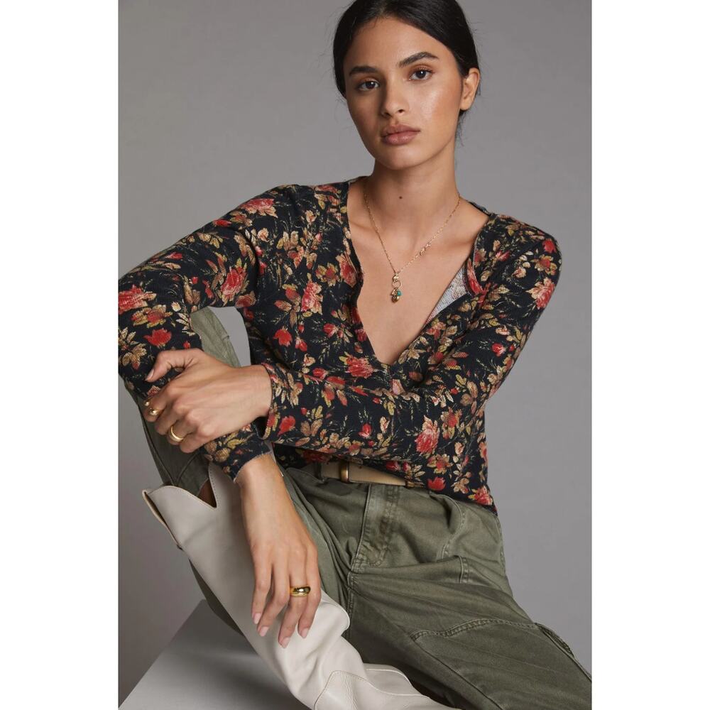 Anthropologie Pilcro Splitneck Top Black Floral Motif Small